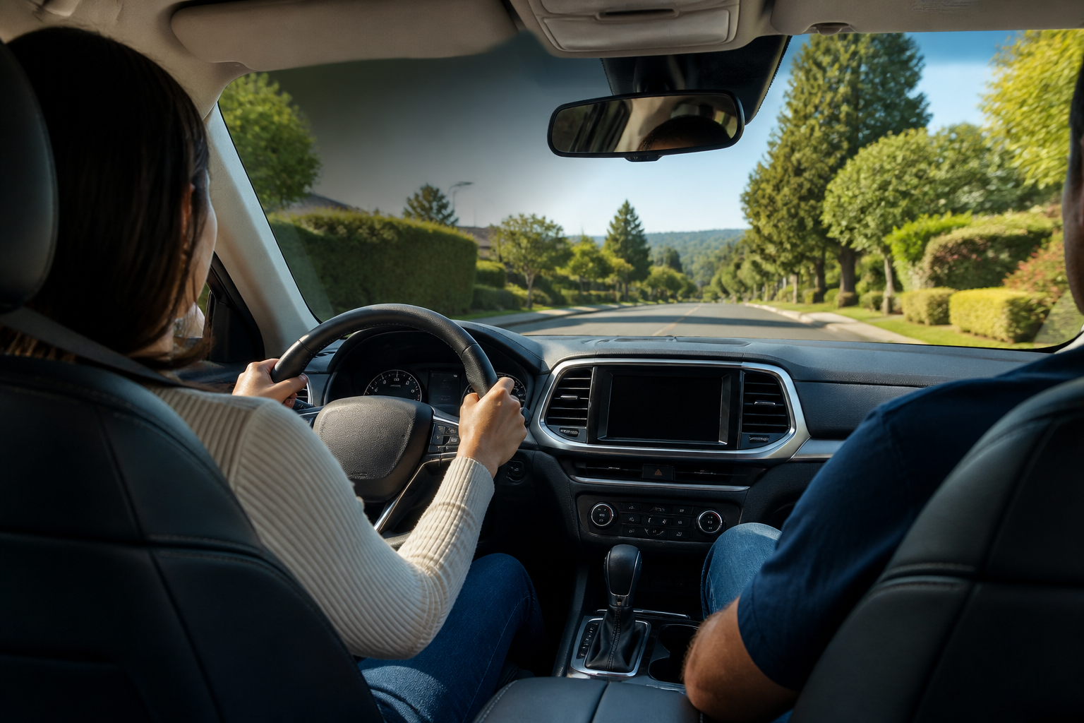 Student practicing driving with an instructor on a quiet local street
